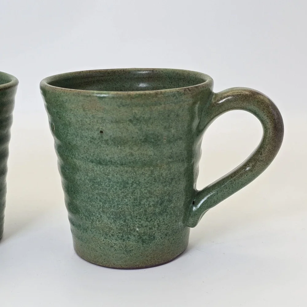 Rackliffe Pottery Blue Hill Maine Green Studio Pottery Mug Pair Signed - Picture 2 of 13